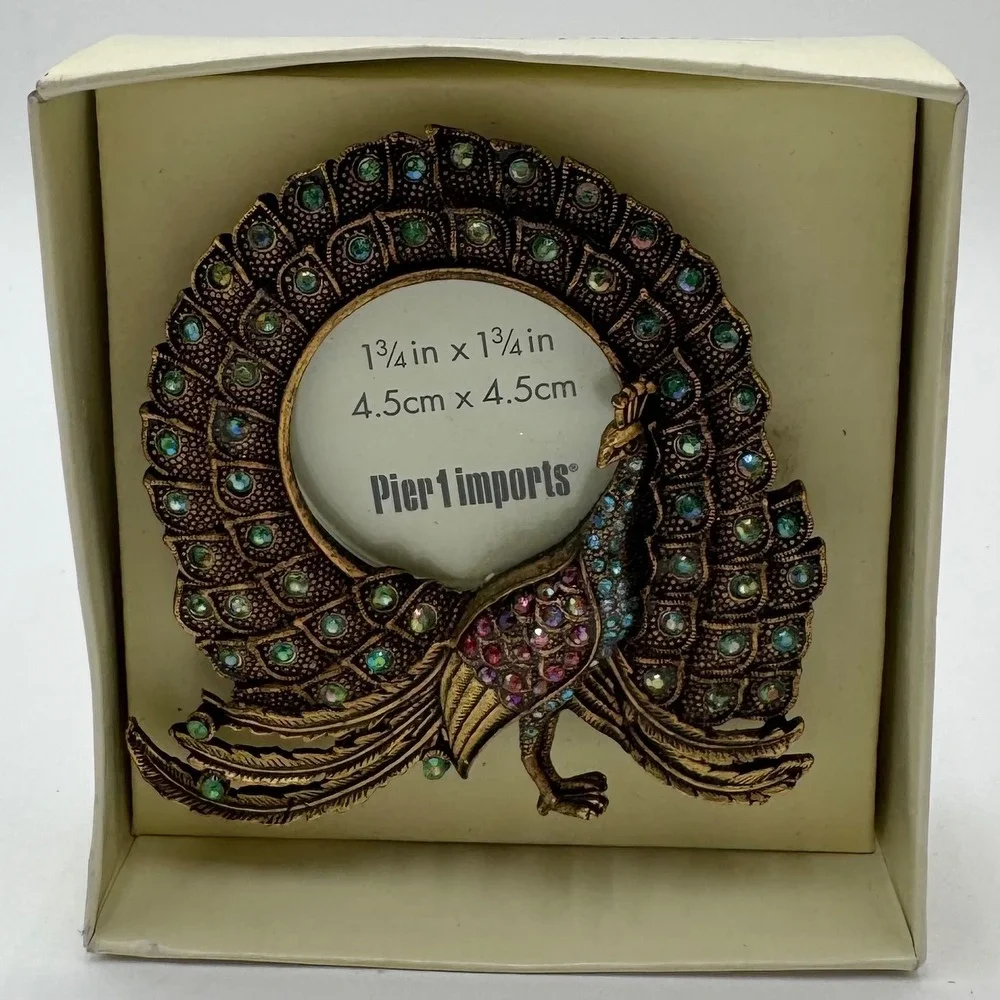 Pier‎ 1 Imports Peacock Desk Picture Frame Rhinestone Jeweled Ornate Brass Tone